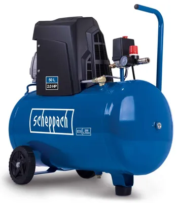 A blue air compressor is shown against a white background.