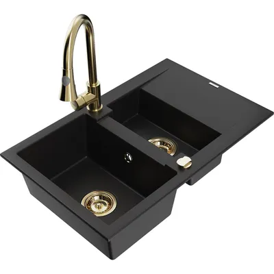 Obrázek produktu pro Mexen Gaspar 1,5-miskový granitový dřez s odkapávačem a kuchyňskou baterií Elia, Černá - 6507-77-670101-50