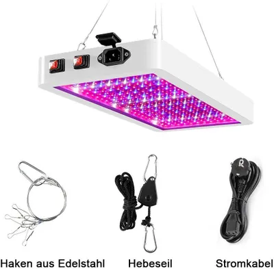 A plant grow light and its accessories are displayed against a white background.