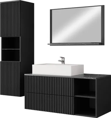 Produktbild von MIRJAN24 Badmöbel Kertos Rillen II, 4er-Set Badmöbel-Set, Spiegel, Waschbeckenschrank, Waschbecken, Fronten gefräst, Spihon (Farbe: Schwarz / Schwarz Rillen + Schwarzer Marmor)