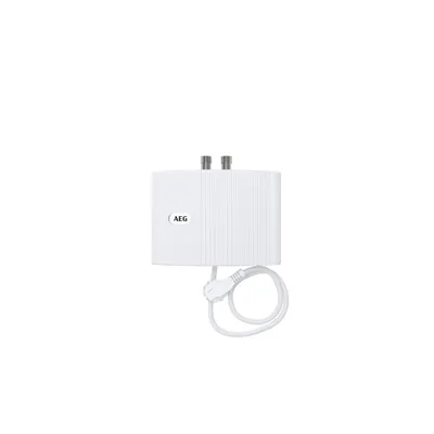 A white AEG brand water heater with a power cord attached, shown against a white background.