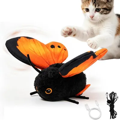 Produktbild von Interaktives Katzenspielzeug Schmetterling, elektrisches Katzen Spielzeug mit flatternden Flügeln, 3 Spielmodi, Akku 150 mAh, Orange