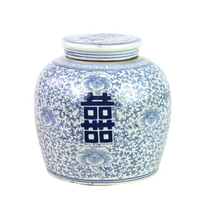 Produktbild von Fine Asianliving Chinesische Vase mit Deckel Blau Weiß Porzellan Handbemalt Doppeltes Glück D22xH22cm Dekorative Vase Blumenvase Orientalische Keramik Vase Dekoration Vase Moderne Tischdekoration Vase