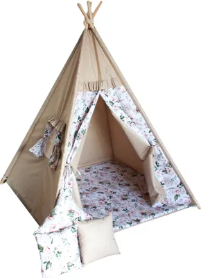 Produktbild von Tipi Zelt für Kinder Modell A1 BEIGE+BOTANIK mit Spielmatte und 3 Kissen+GRATIS Spielzelt Tippi Kinderzelt Kinderzimmer Teepee zelt Outdoor Indoor