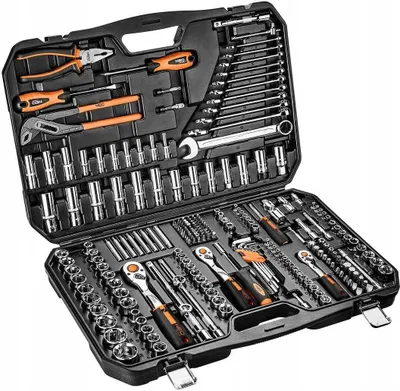 A black toolbox filled with various tools, including wrenches, sockets, and screwdrivers.