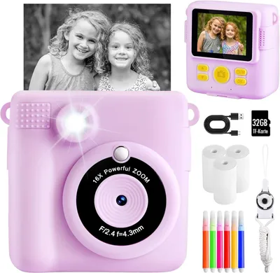 Obrázok produktu pre Detský fotoaparát 1080p, 32 GB TF karta, tlačový papier, pre detskú fotografiu, pre deti vo veku 3-12 rokov