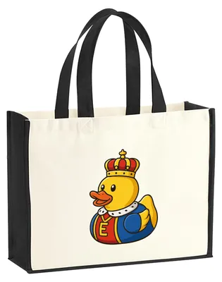 Produktbild von Huuraa Jutetasche Quietscheente König Gummiente King 21 Liter Black Jute und Baumwolle Einkaufstasche Geschenkidee