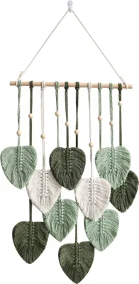 Produktbild von Makramee-Wandbehang, handgefertigt, Heimdekoration, Boho-Makramee-Wandteppich, gewebter Wandbehang, Blattfeder-Wanddekoration (Armeegrün)
