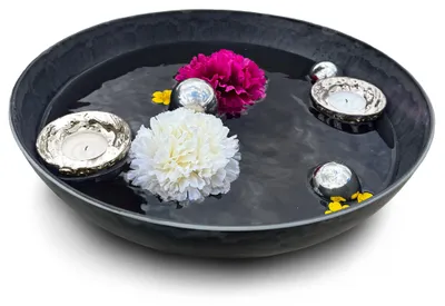 Produktbild von Miniteich Set Schale Schwarz bauchig, Schwimm Teelichter Ø 37 cm Silber