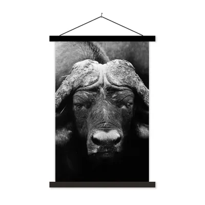 Produktbild von MuchoWow® Textilposter Tiere - Büffel - Schwarz - Weiß - Porträt 60x90 cm mit schwarzem Rahmen - Poster Wohnzimmer