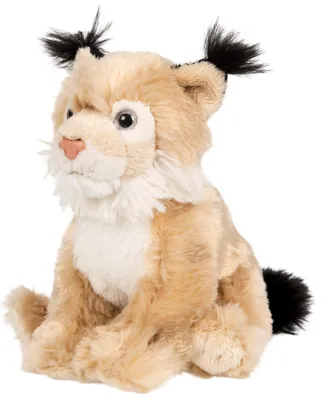A plush toy lynx sitting on a white background.