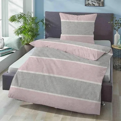 Produktbild von Biberna Melange Flanell Bettwäsche Blockstreifen rose 135x200 cm + 80x80 cm