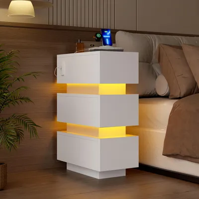Produktbild von okwish Schmale Nachttische mit 3 Schubladen,2er-Set, Steckdose und LED-Beleuchtung, für Schlafzimmer,Weiß
