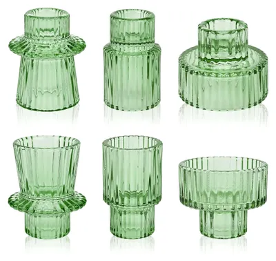 Produktbild von 6er Set Glas Kerzenhalter, 2-in-1 Kerzenständer aus Glas, Teelichthalter Transparent für Stabkerzen und Teelichter, Kristall Kerzenständer aus Klarglas für Tischdekoration