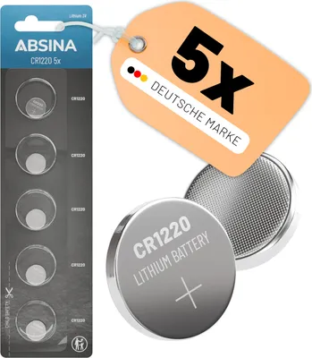 Produktbild von ABSINA CR1220 Knopfzelle 3V Lithium 5er Pack - Batterie CR 1220 auslaufsicher & lange Haltbarkeit - CR 1220 3 Volt