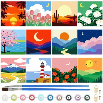 Malen nach Zahlen Set, 12 Landschaften, Acryl, mit Rahmen, für Erwachsene