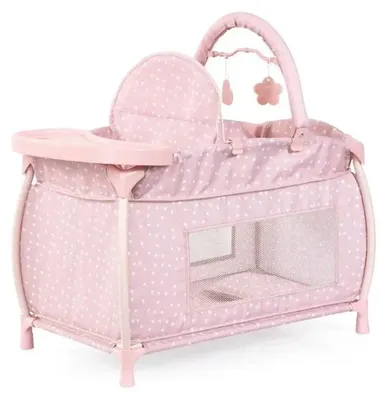 Productafbeelding van Bayer Design 62811AA Poppenbed met geïntegreerde kinderstoel, eetblad, mobiel, dekbed, kussen, modern, geschikt voor poppen tot 46 cm