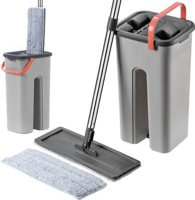 Obrázok produktu pre Plochý mop – sada mopu a vedra – mikrovlákno – 2-komorové vedro oddeľuje špinavú a čistú vodu – vedro s vyžmýkačom – 2 utierky