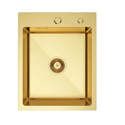 A top-down view of a gold-colored sink.
