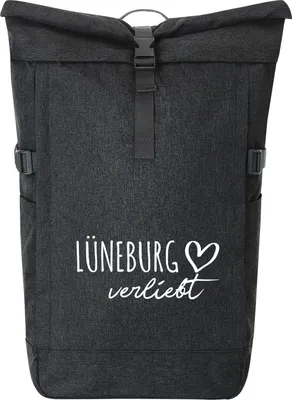 Produktbild von Huuraa Kurierrucksack Lüneburg verliebt 30-44 Liter Black Melange Fairtrade Rolltop Rucksack Geschenkidee