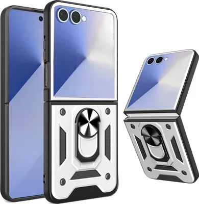 A flip phone case with a ring holder is shown in a studio setting.
