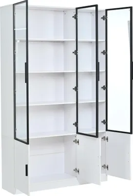 Produktbild von Merax Vitrine 2er-Set mit mit 6 unabhängigen Schranktüren, Glasvitrine mit LED per App, Hochschrank Multifunktionsschrank mit Kippsicherung, Weiß