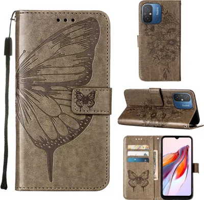 Produktbild von Lederhülle für Xiaomi Redmi 12C /Poco C55 Schmetterling Prägung Flip Ledertasche Kartenfächer Handyhülle mit Ständer Grau