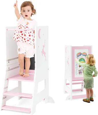Produktbild von DREAMADE Kletterhelfer für Kleinkinder, Baby-Stehturm mit Kreidetafel, Whiteboard, höhenverstellbarer Plattform und Trittstufe (Weiß + Pink)