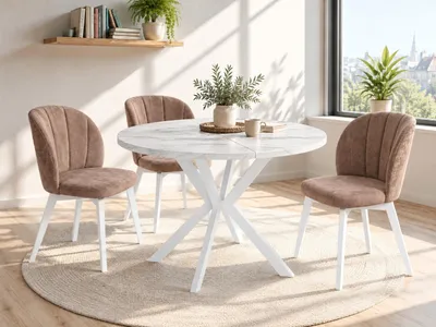 Produktbild von Runder Ausziehbarer Esstisch in Weißer Marmoroptik für 6-8 Personen - Loft Style Tisch mit Weißen Metallbeinen - 120 bis 200 cm - Industrieller Tisch für Wohnzimmer - Spacesaver - Marmor Weiß - 120 cm
