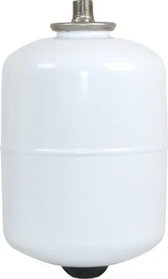A white expansion vessel with a threaded fitting at the top and a black rubber foot at the bottom, isolated on a white background.