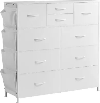 Image de Commode à 10 tiroirs Tiroirs de rangement en tissu Bacs en tissu et structure en acier Blanc