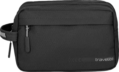 A black toiletry bag is shown against a white background.