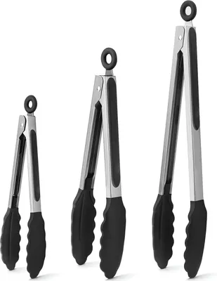Produktbild von Küchenzange WISYOK Grillzange 3er-Set, hitzebeständige Küchenzange, Kochzange mit Edelstahl und Silikonspitze, Silikonzange, Fleischzange zum Kochen,