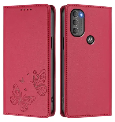 Obrázek produktu pro Kožené pouzdro pro Motorola Moto G71 5G, motýlí ražbou, peněženkové flip pouzdro se stojánkem Červená