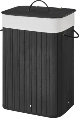 Produktbild von Bambus-Wäschekorb mit Deckel, Baumwolltasche und Griffen, 72L, Schwarz