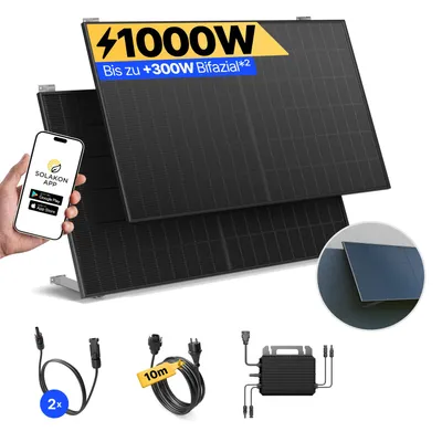 Produktbild von Balkonkraftwerk 1000W Solaranlage mit Wand/Gartenhaus Halterung Steckerfertig Komplettset Photovoltaik Anlage 800W, Kabellänge: 10m, Solakon