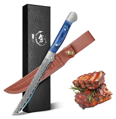 Obrázok produktu pre Nôž na filety, 14,5 cm, oceľ VG10 (damascénsky vzor), drevená rukoväť, ochranné puzdro, strieborná farba