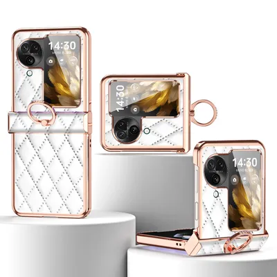 Immagine prodotto di Custodia per Oppo Find N3 Flip Custodia in pelle galvanizzata con supporto ad anello e protezione della cerniera Bianco