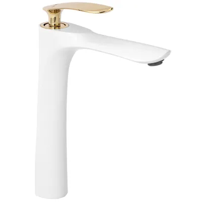 A white and gold faucet on a white background.