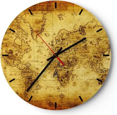 Produktbild von Wanduhr - Rund - Glasuhr - Karte Welt Kontinente - 30x30cm - Schleichendes Uhrwerk - Lautlos - zum Aufhängen bereit - Dekoration Modern - Wanddekoration aus Glas - C3AR30x30-0127