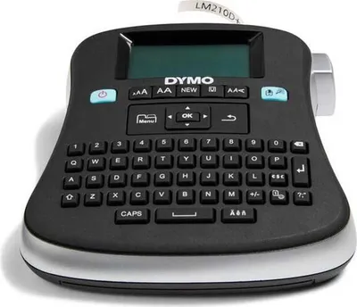 A black DYMO label maker with a silver trim and a white label tape sticking out.