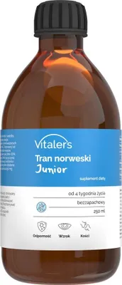 Produktbild von Vitaler's Junior Norwegisches Lebertranöl Omega-3 1200 mg – 250 ml, flüssiges Nahrungsergänzungsmittel für Kinder, mit Vitamin A, D und E, aus nachhaltiger Wildfang