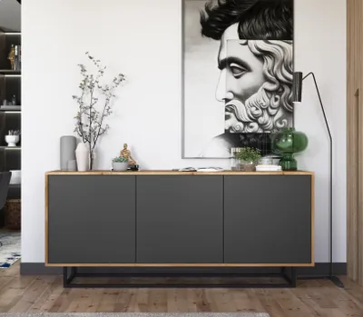 Produktbild von Loft Kommode TV-Sideboard TV Eiche Wotan Loft Style Apollo 3D Modern Lindner Möbel  168cm x 35cm x 72 cm Farbe: Wotan Eiche matt - Graphit matt