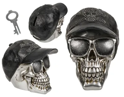 Produktbild von Spardose mit Schloss, Totenkopf mit Basecap, ca. 16 x 13 cm, aus Polyresin, Silber