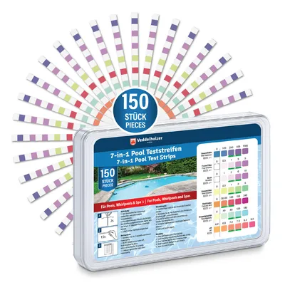 Produktbild von Veddelholzer 7-in-1 Pool Teststreifen (150 Stück) – pH-Wert, Freies Chlor Brom, Gesamthärte, Cyanursäure und Alkalinität messen Schnelle Wasseranalyse