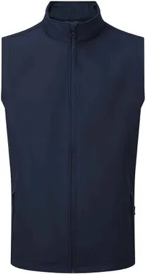 A navy blue men's vest is shown front and center against a white background.