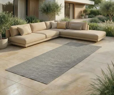 Produktbild von In- & Outdoor Teppich - Wetterfester Teppich für Balkon, Terrasse, Garten, Wohnzimmer, Küche - Strapazierfähig, Widersteht UV-Strahlen & Wasser - Größe 60 x 180 cm, Silber