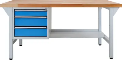 Produktbild von Werkbank Rhino Plus mit 3 Schubladen | HxBxT 84x150x70cm | Traglast 500kg | Lichtgrau/Lichtblau