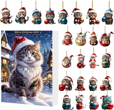 A collage of Christmas-themed cat ornaments and an advent calendar featuring a cat.