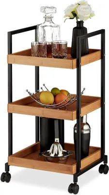 Obrázek produktu pro Kuchyňský vozík z bambusu a oceli se 3 policemi – čtvercový design – 4 kolečka – 69,5 x 37 x 34 cm – přírodní